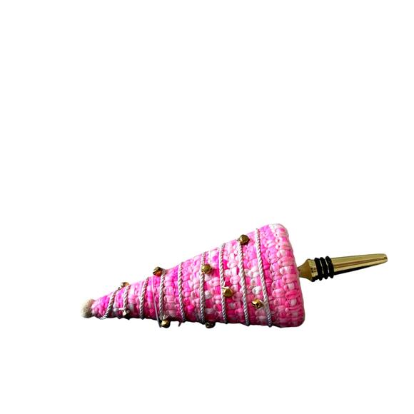 Pink Christmas Tree Bottle Stopper Embellished Holiday Glam Gold Bells New - Picture 10 of 10